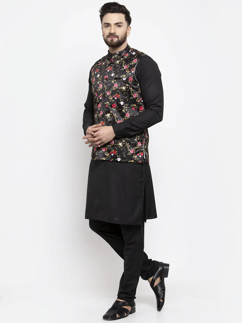 Jompers Men's Solid Cotton Kurta Pajama with Printed Waistcoat ( JOKP WC 4059 Black-B )