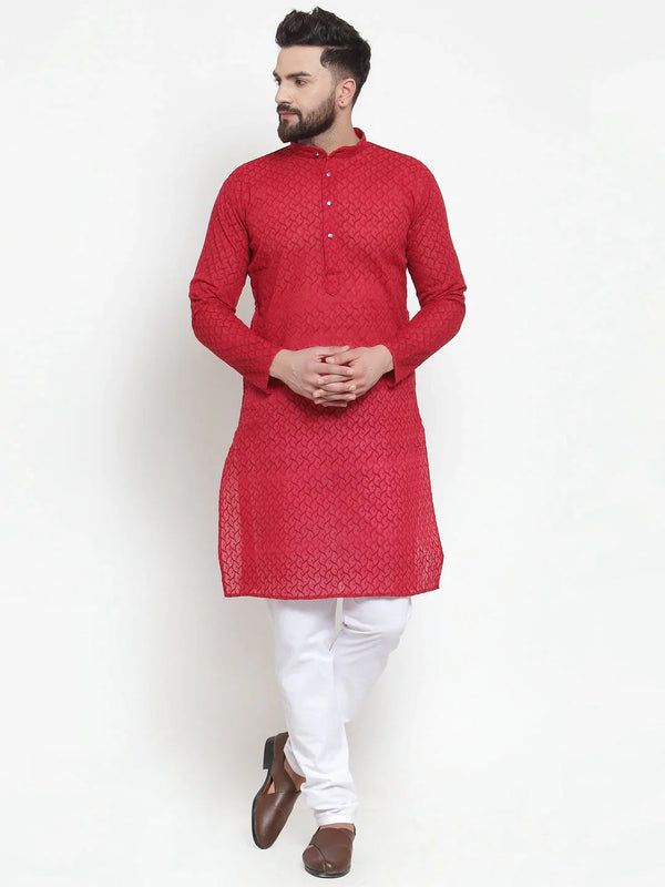 Jompers Men Maroon Chikan Kurta with Churidar ( JOKP 561 Maroon )