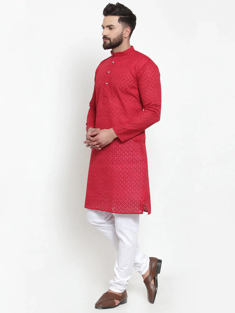 Jompers Men Maroon Chikan Kurta with Churidar ( JOKP 561 Maroon )