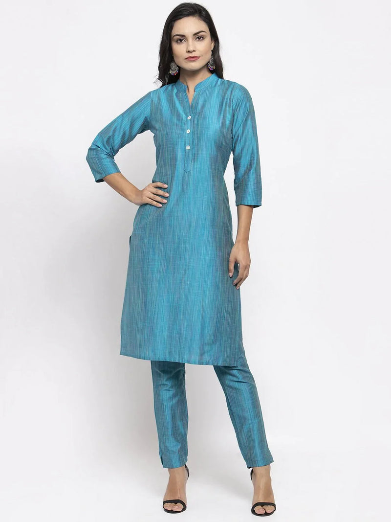 Jompers Women Blue & Green Self-Striped Kurta with Trousers ( JOKS 1310 Blue )