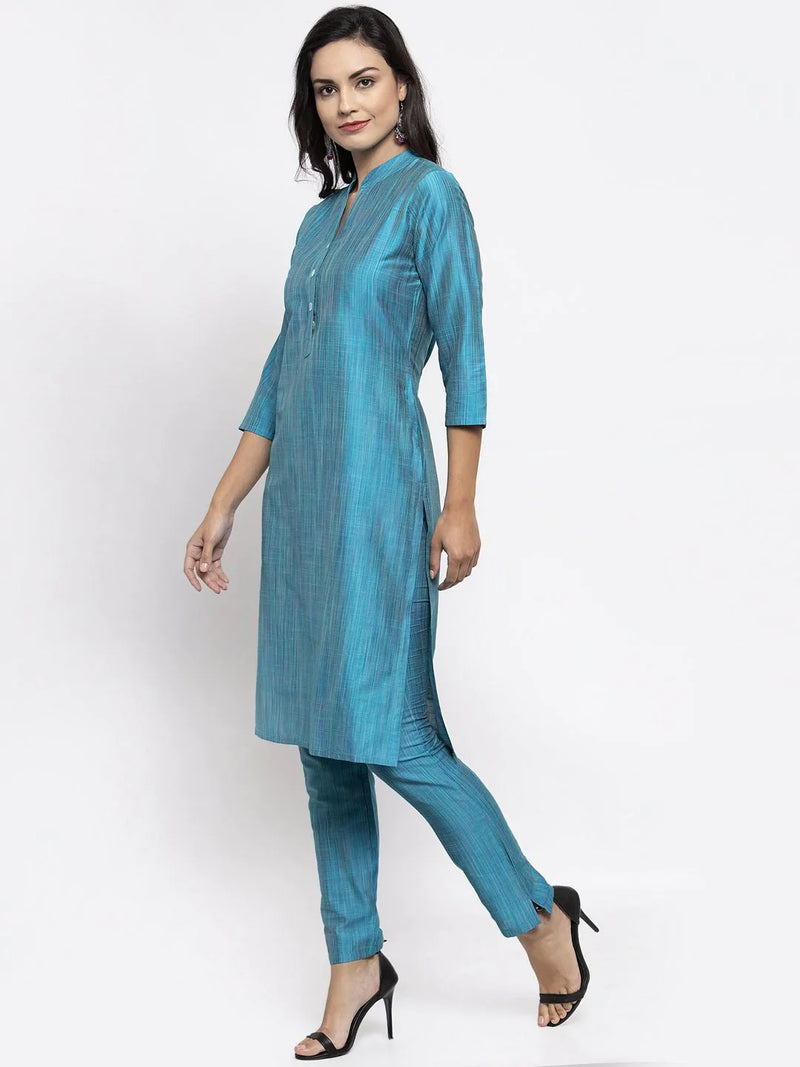 Jompers Women Blue & Green Self-Striped Kurta with Trousers ( JOKS 1310 Blue )