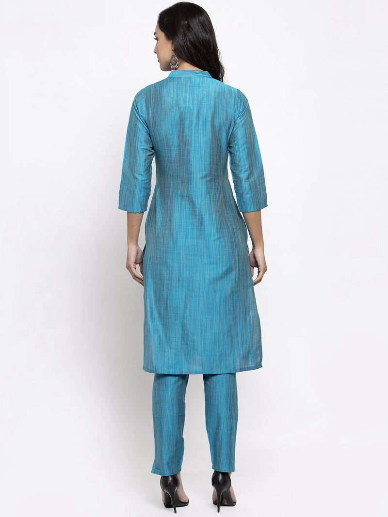 Jompers Women Blue & Green Self-Striped Kurta with Trousers ( JOKS 1310 Blue )