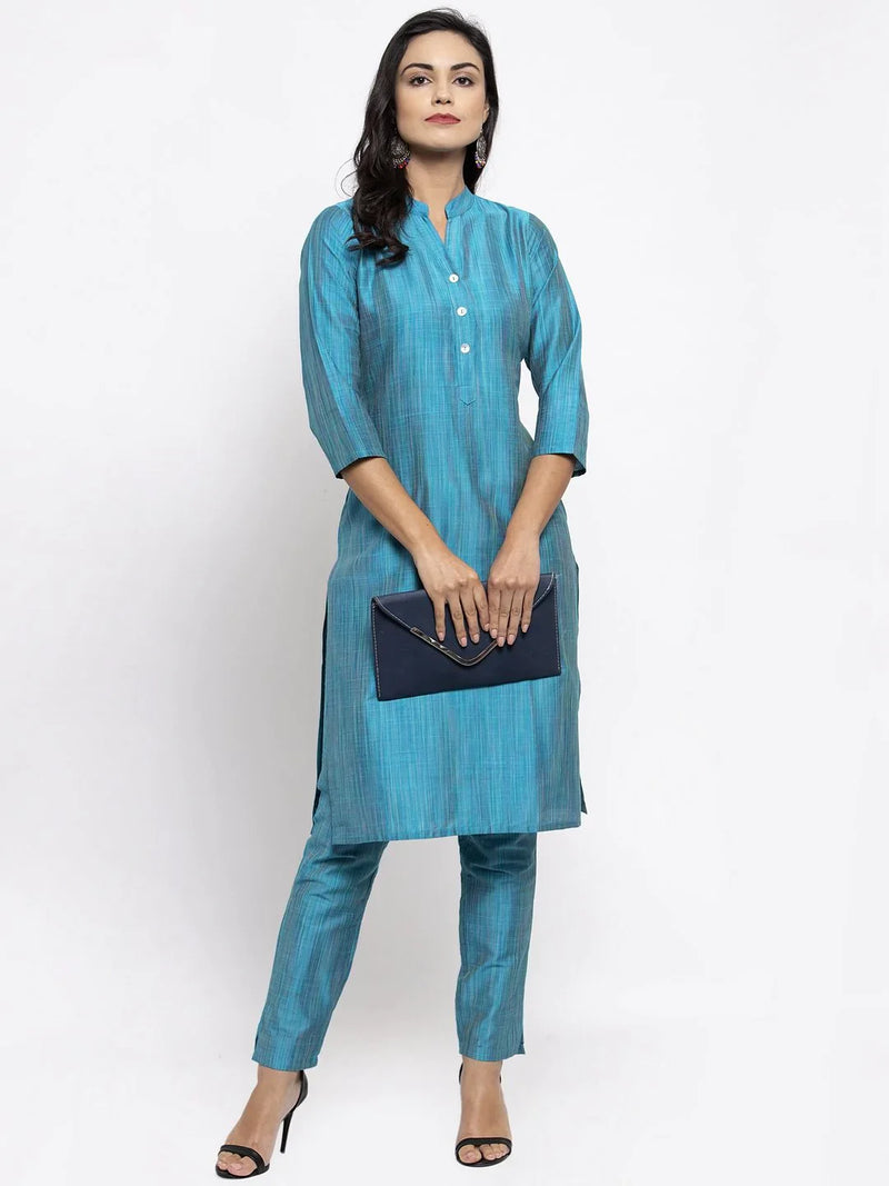 Jompers Women Blue & Green Self-Striped Kurta with Trousers ( JOKS 1310 Blue )