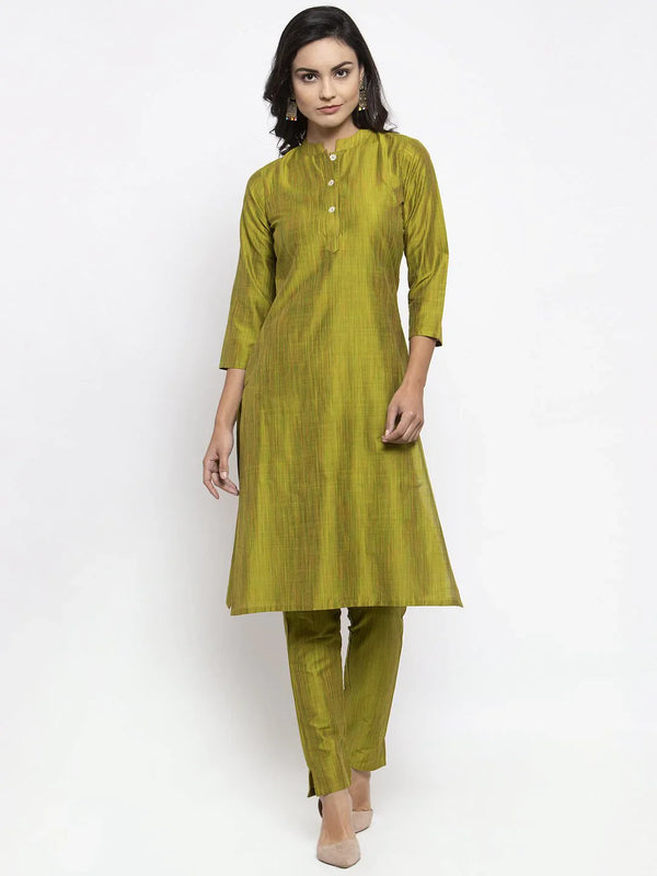 Jompers Women Green Self-Striped Kurta with Trousers ( JOKS 1310 Green )