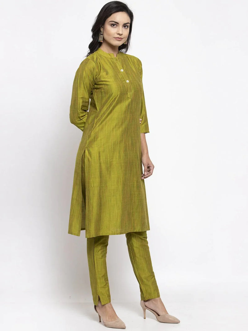 Jompers Women Green Self-Striped Kurta with Trousers ( JOKS 1310 Green )