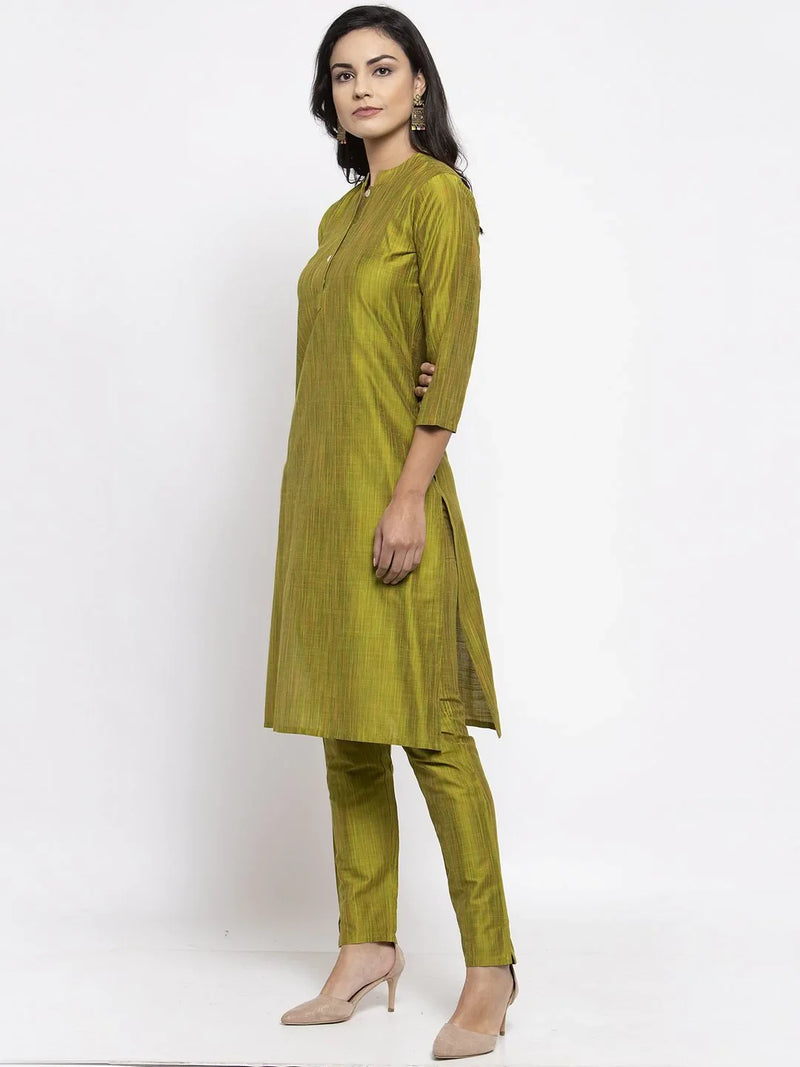 Jompers Women Green Self-Striped Kurta with Trousers ( JOKS 1310 Green )