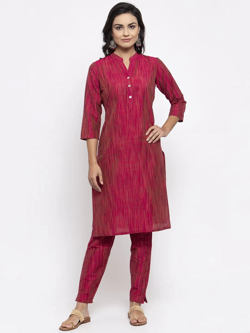 Jompers Women Pink Self-Striped Kurta with Trousers ( JOKS 1310 Pink )