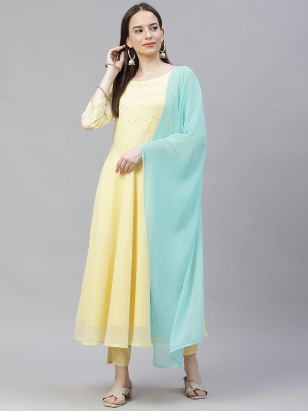 Women Yellow Embroidered Regular Sequinned Kurta with Trousers & Dupatta ( JOKS D19Sky 1383 Yellow )