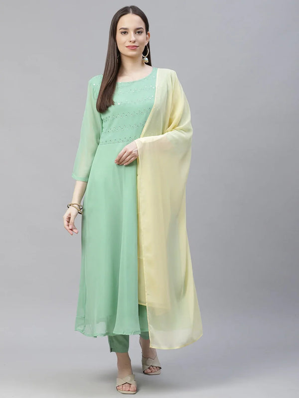 Women Sea Green Embroidered Regular Sequinned Kurta with Trousers & Dupatta ( JOKS D19Yellow 1383 Green )