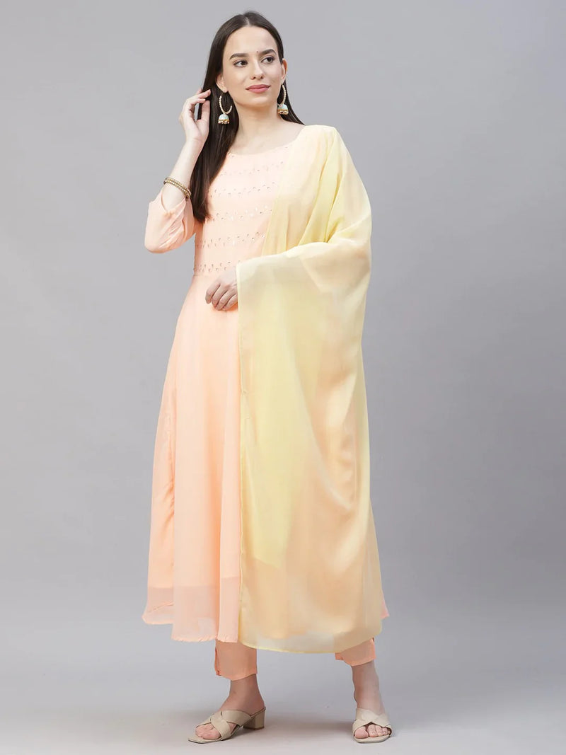 Women Peach Embroidered Regular Sequinned Kurta with Trousers & Dupatta ( JOKS D19Yellow 1383 Peach )