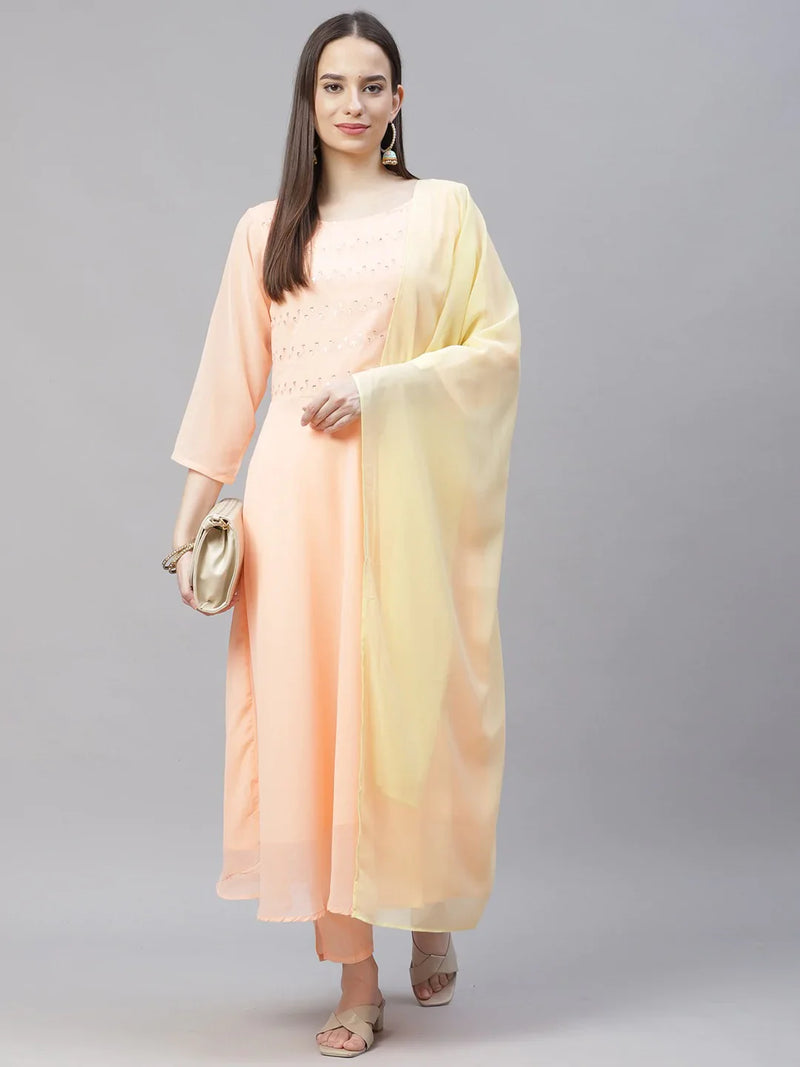 Women Peach Embroidered Regular Sequinned Kurta with Trousers & Dupatta ( JOKS D19Yellow 1383 Peach )