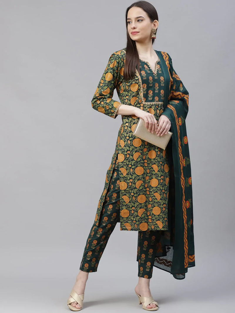 Women Green Ethnic Motifs Printed Pure Cotton Kurta with Trousers & Dupatta ( JOKS D22G 1400 Green )