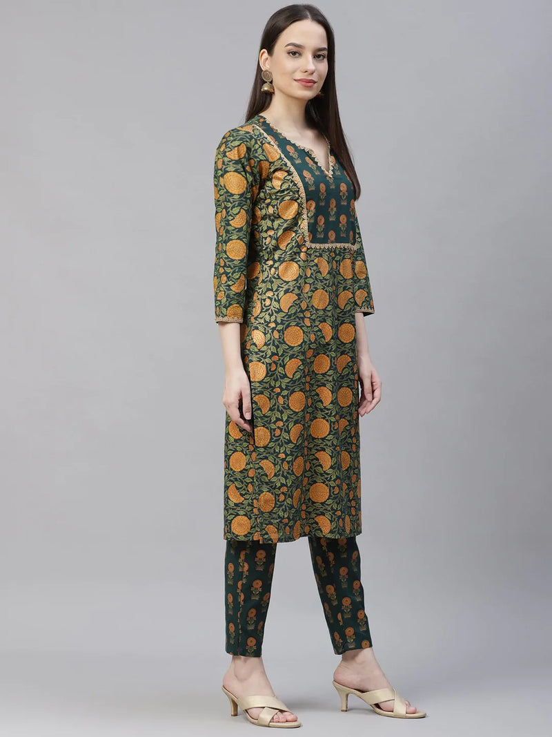 Women Green Ethnic Motifs Printed Pure Cotton Kurta with Trousers & Dupatta ( JOKS D22G 1400 Green )