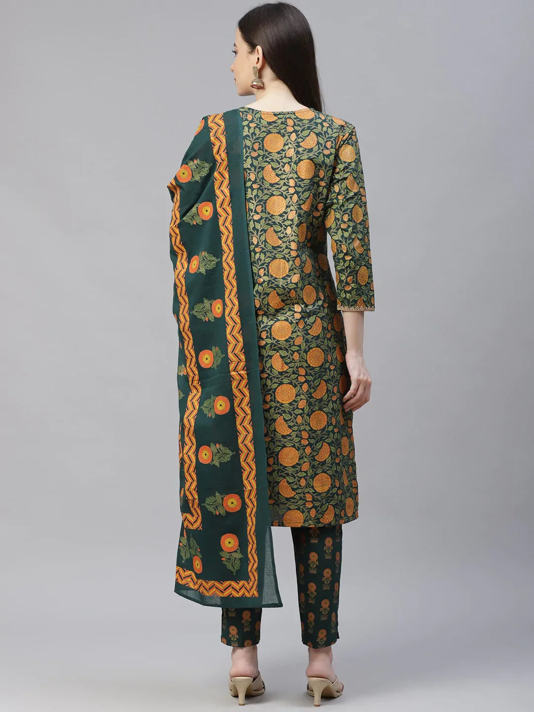 Women Green Ethnic Motifs Printed Pure Cotton Kurta with Trousers & Dupatta ( JOKS D22G 1400 Green )