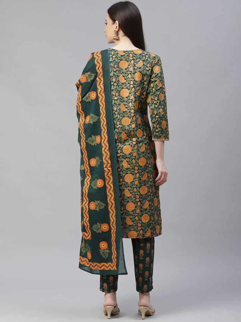 Women Green Ethnic Motifs Printed Pure Cotton Kurta with Trousers & Dupatta ( JOKS D22G 1400 Green )