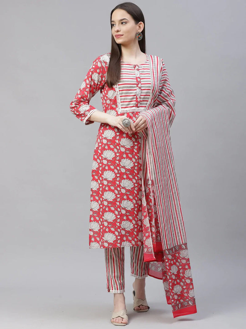 Women Red & Off-White Ethnic Motifs Printed Kurta with Trousers & Dupatta ( JOKS D23R 1401 Red )