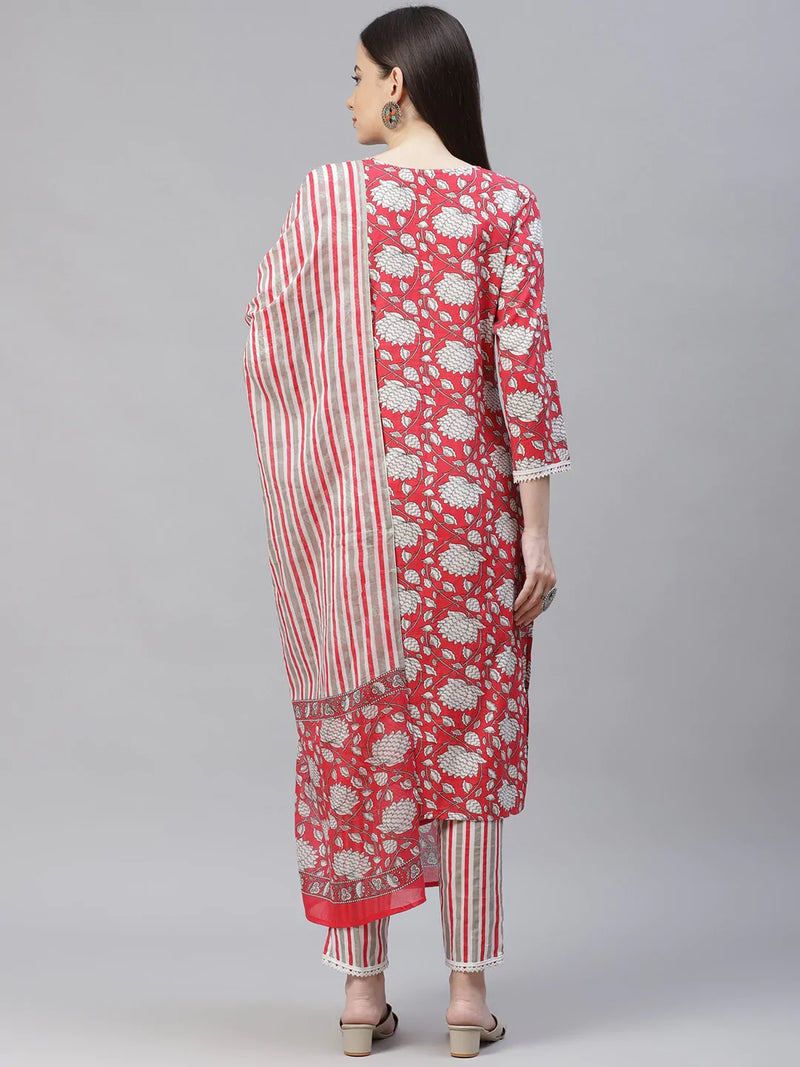 Women Red & Off-White Ethnic Motifs Printed Kurta with Trousers & Dupatta ( JOKS D23R 1401 Red )