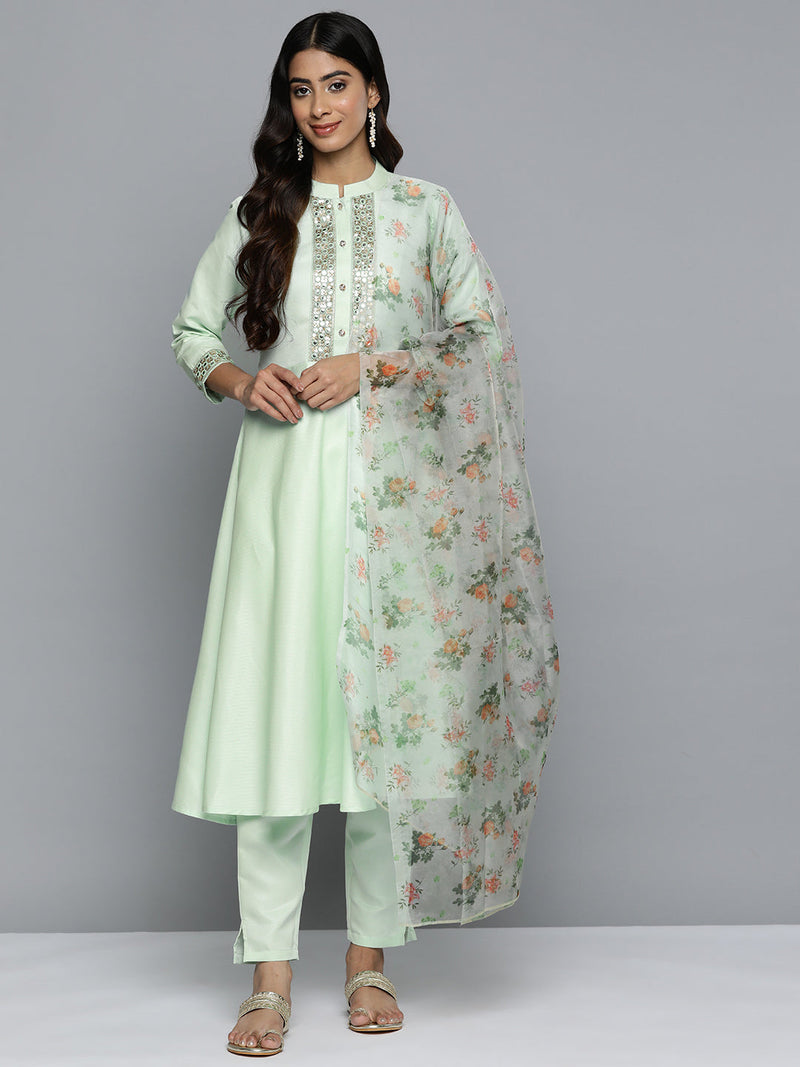 Jompers Embroidered Mirror Work Kurta With Trousers & Dupatta ( JOKS D34G 1503 Green )