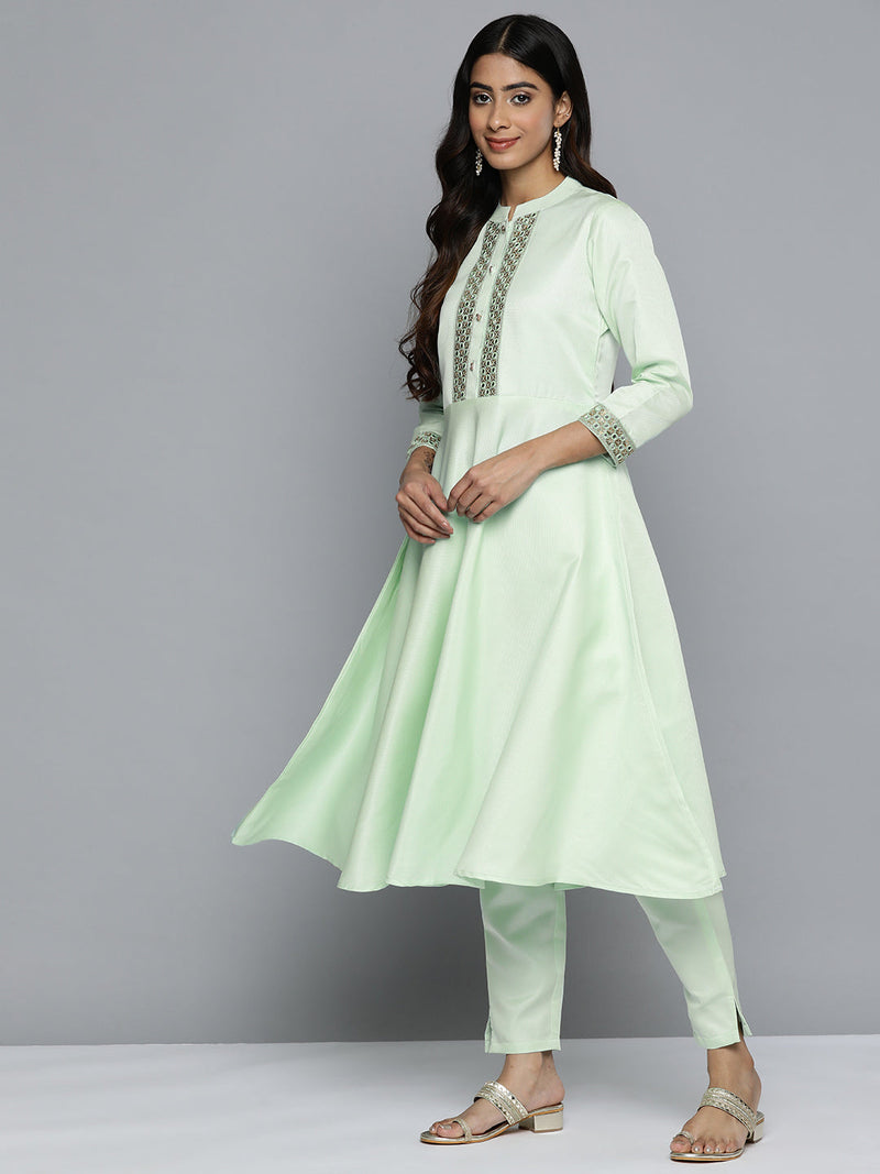 Jompers Embroidered Mirror Work Kurta With Trousers & Dupatta ( JOKS D34G 1503 Green )