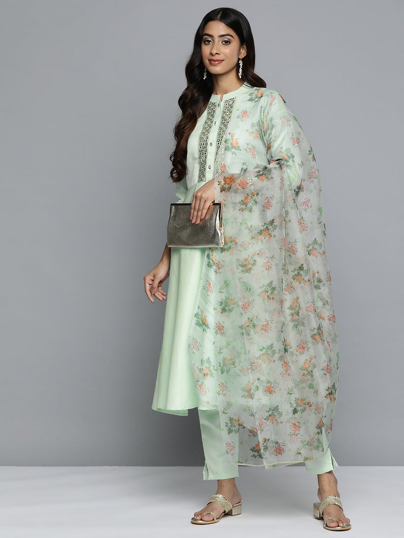 Jompers Embroidered Mirror Work Kurta With Trousers & Dupatta ( JOKS D34G 1503 Green )