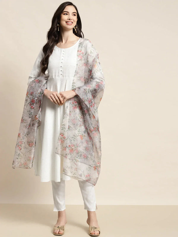 Sequinned Kurta with Trousers & With Dupatta ( JOKS D34W 1453 White )