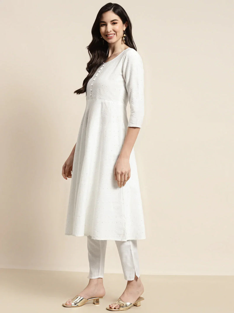 Sequinned Kurta with Trousers & With Dupatta ( JOKS D34W 1453 White )