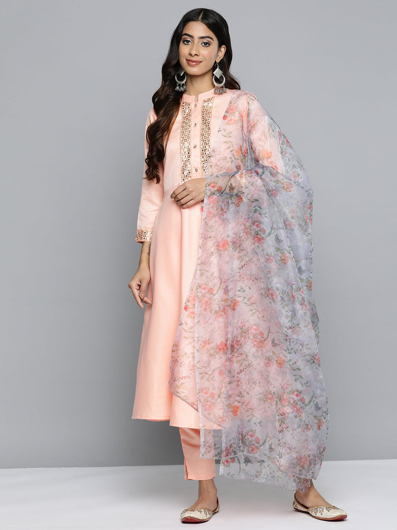 Jompers Embroidered Mirror Work Kurta With Trousers & Dupatta ( JOKS D34W 1503 Peach )