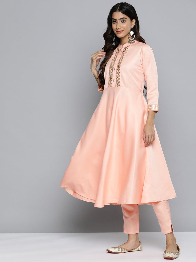 Jompers Embroidered Mirror Work Kurta With Trousers & Dupatta ( JOKS D34W 1503 Peach )