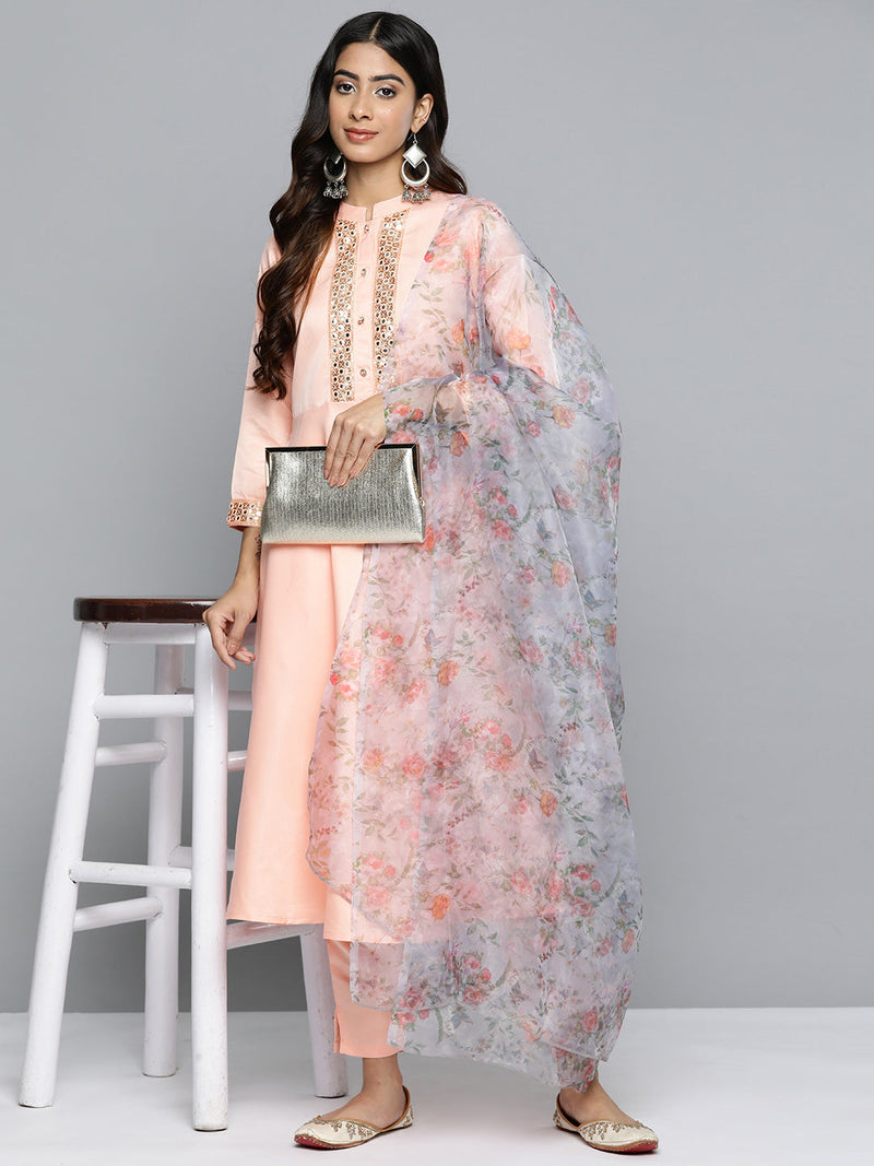 Jompers Embroidered Mirror Work Kurta With Trousers & Dupatta ( JOKS D34W 1503 Peach )