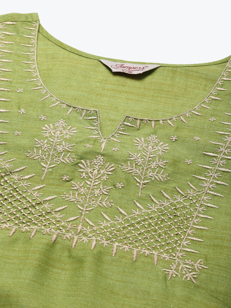 Yoke Design Cotton Silk Kurta with Trousers & Dupatta ( JOKS D35G 1465 Green )