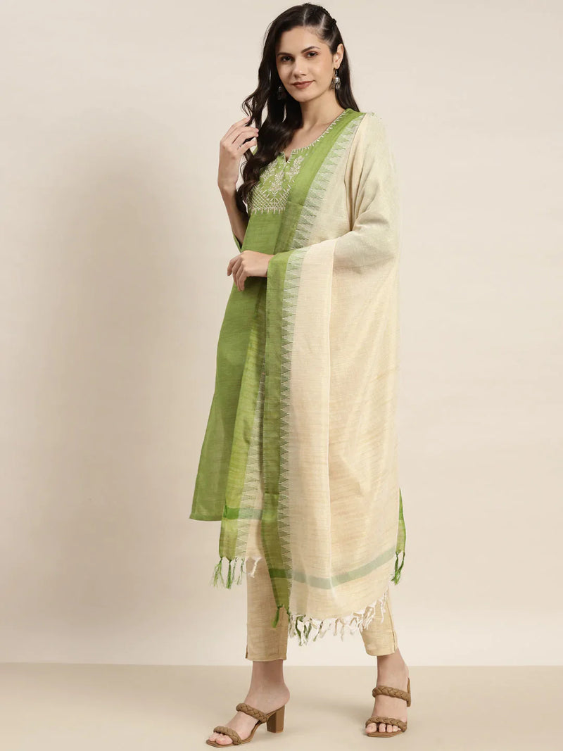 Yoke Design Cotton Silk Kurta with Trousers & Dupatta ( JOKS D35G 1465 Green )