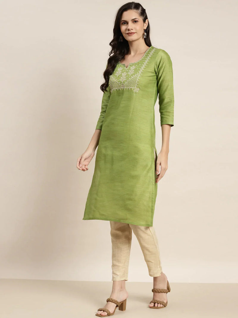 Yoke Design Cotton Silk Kurta with Trousers & Dupatta ( JOKS D35G 1465 Green )