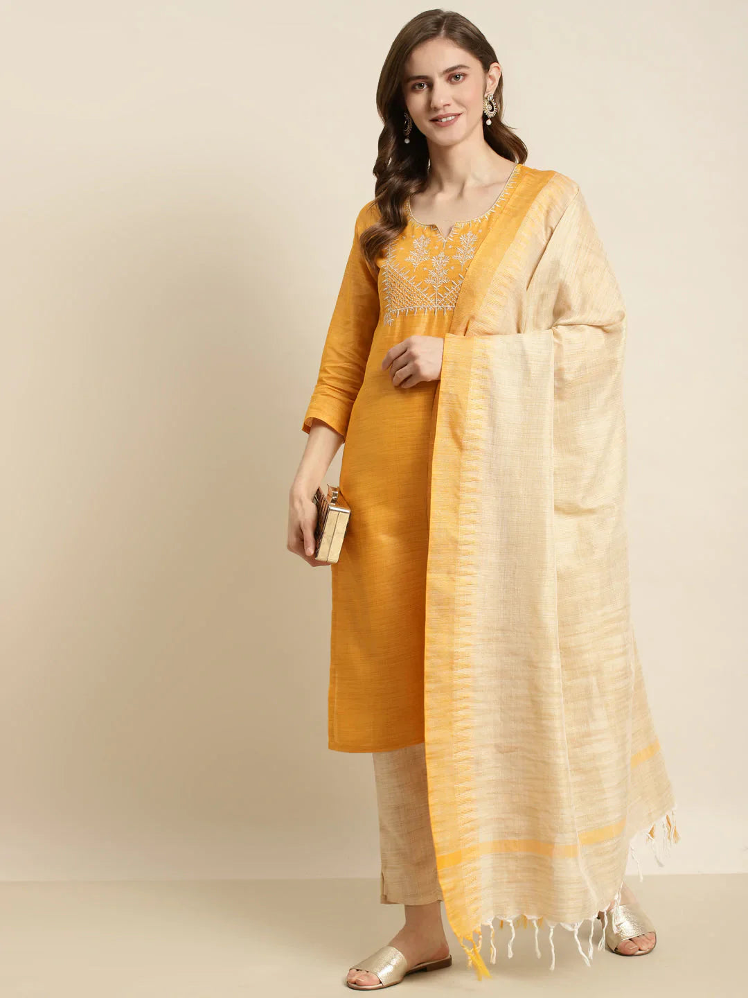 Yoke Design Cotton Silk Kurta with Trousers & Dupatta ( JOKS D35Y 1465 Yellow )
