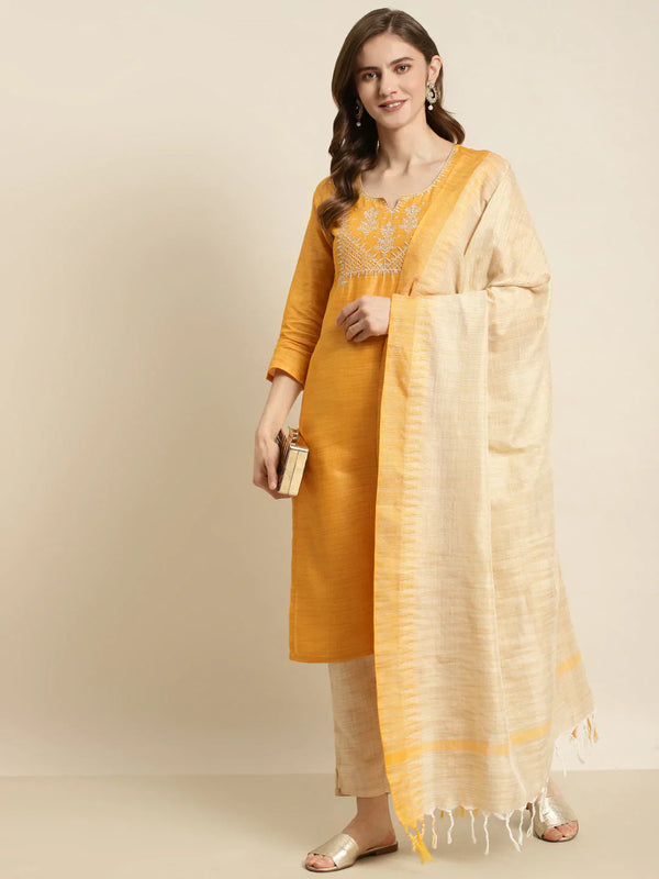 Yoke Design Cotton Silk Kurta with Trousers & Dupatta ( JOKS D35Y 1465 Yellow )