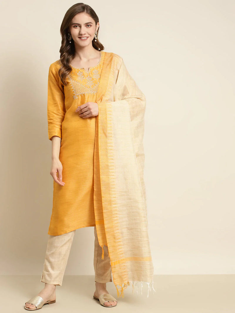 Yoke Design Cotton Silk Kurta with Trousers & Dupatta ( JOKS D35Y 1465 Yellow )