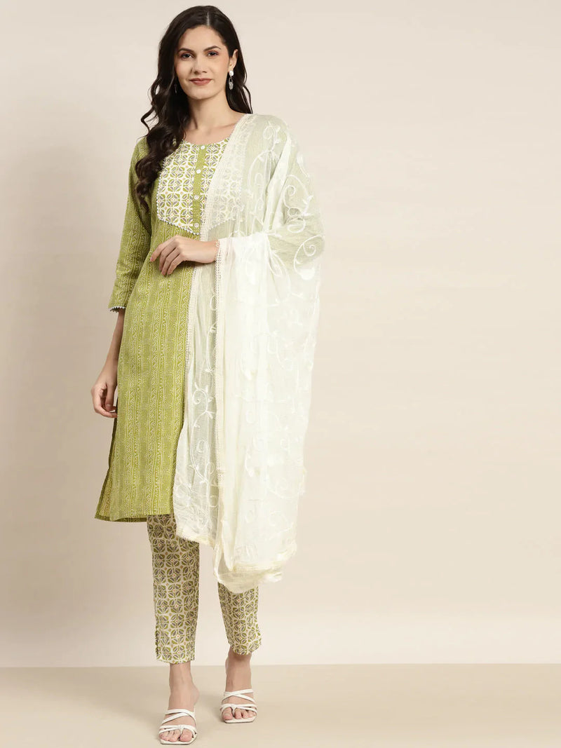 Printed Gotta Patti Kurta with Trousers & Dupatta ( JOKS D36W 1470 Green )