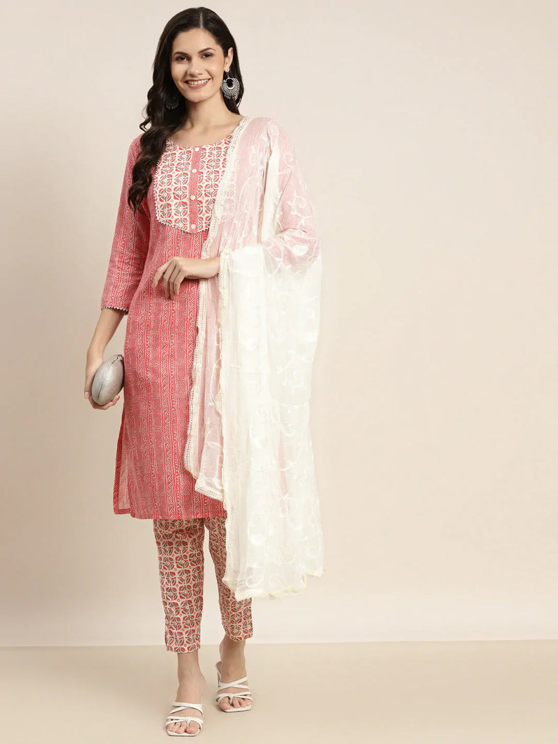 Printed Gotta Patti Kurta with Trousers & Dupatta ( JOKS D36W 1470 Red )