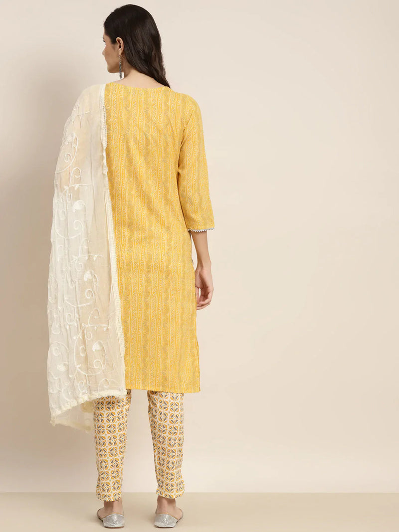 Printed Gotta Patti Kurta with Trousers & Dupatta ( JOKS D36W 1470 Yellow )