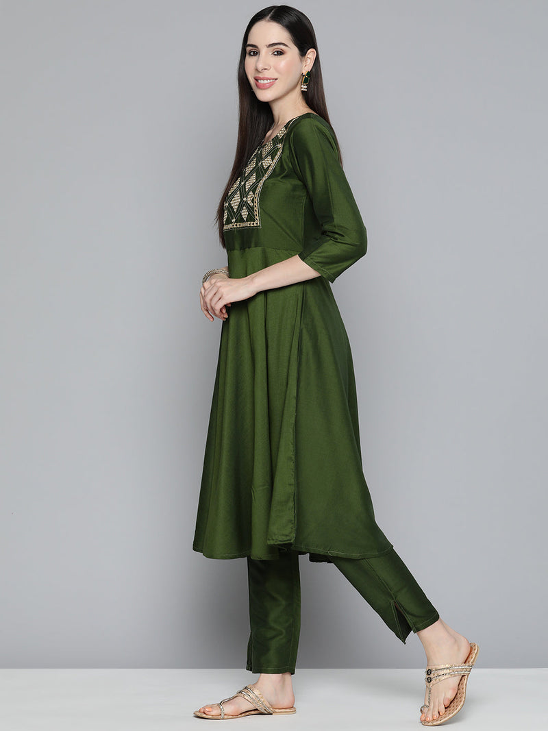 Olive Green Floral Embroidered Mirror Work Kurta with Trousers & With Dupatta ( JOKS D41G 1496 Olive )