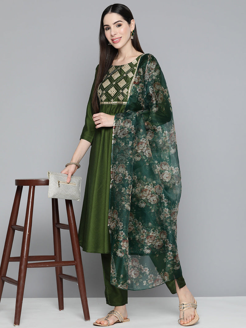 Olive Green Floral Embroidered Mirror Work Kurta with Trousers & With Dupatta ( JOKS D41G 1496 Olive )