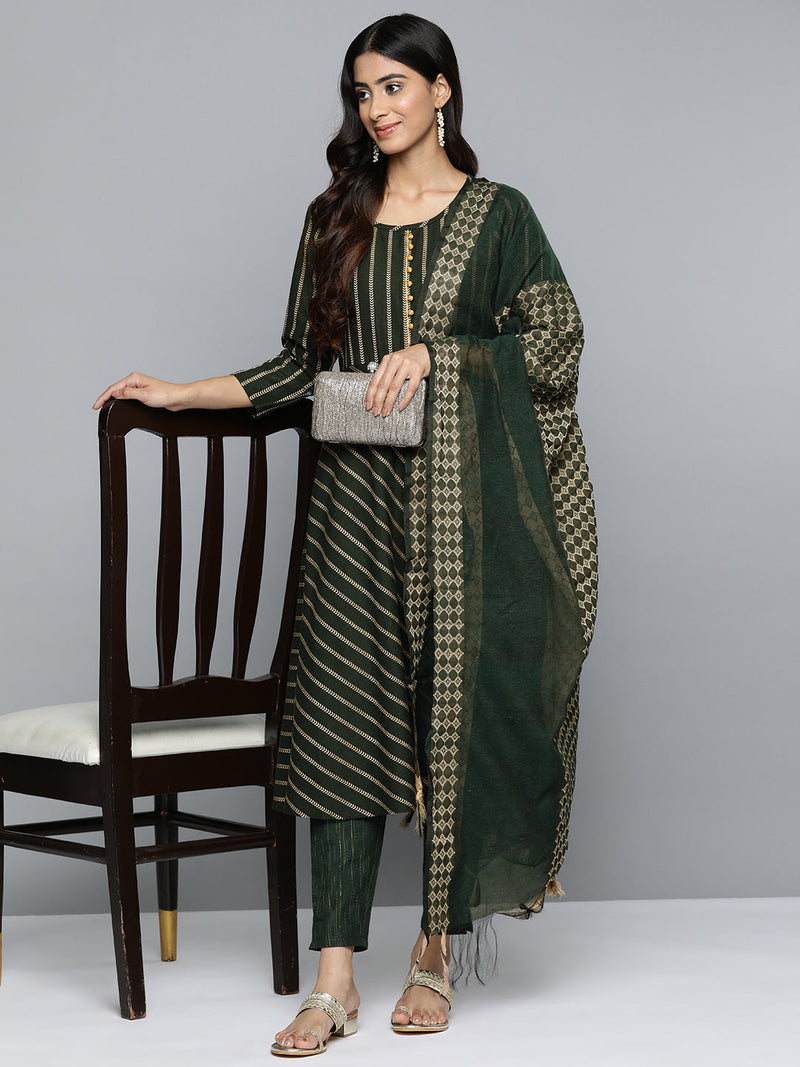 Jompers Women Olive Green Embroidered Regular Kurta with Trousers & With Dupatta ( JOKS D46G 1506 Green )