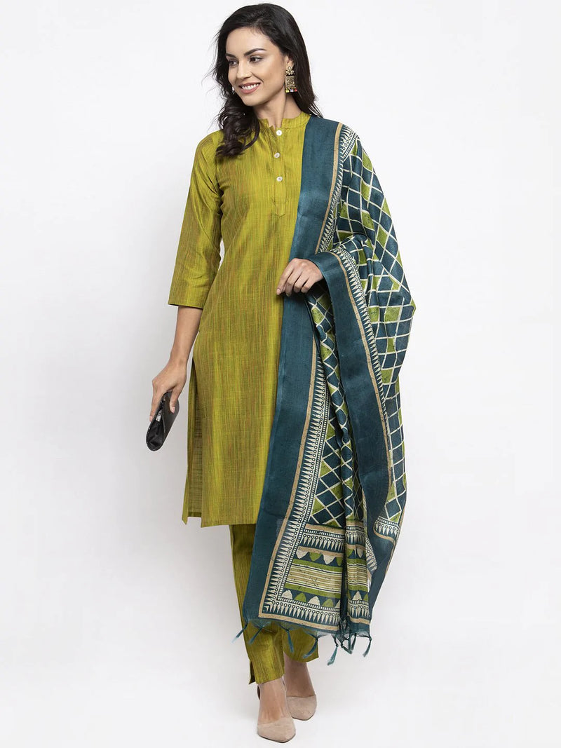 Jompers Women Green Self-Striped Kurta with Trousers & Art Silk Dupatta ( JOKS D4G 1310 Green )