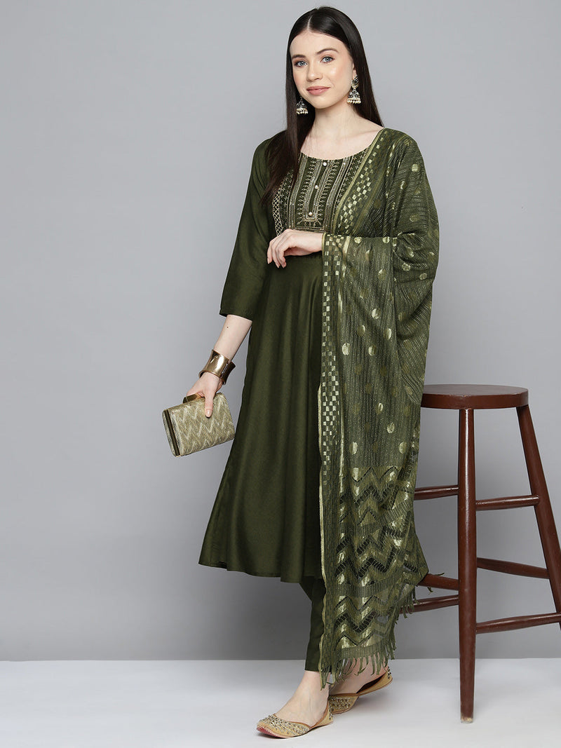 Sequin, zari embroidered flaired kurta with pants and dupatta ( JOKS D50G 1537 Green )