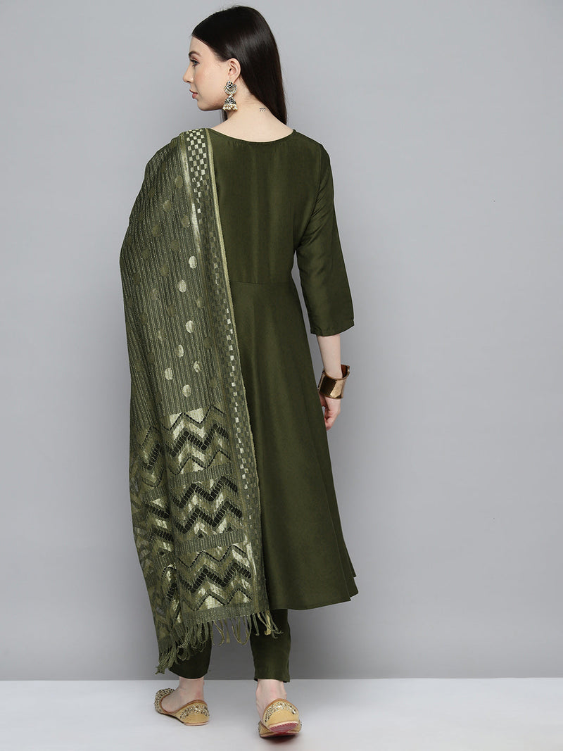 Sequin, zari embroidered flaired kurta with pants and dupatta ( JOKS D50G 1537 Green )