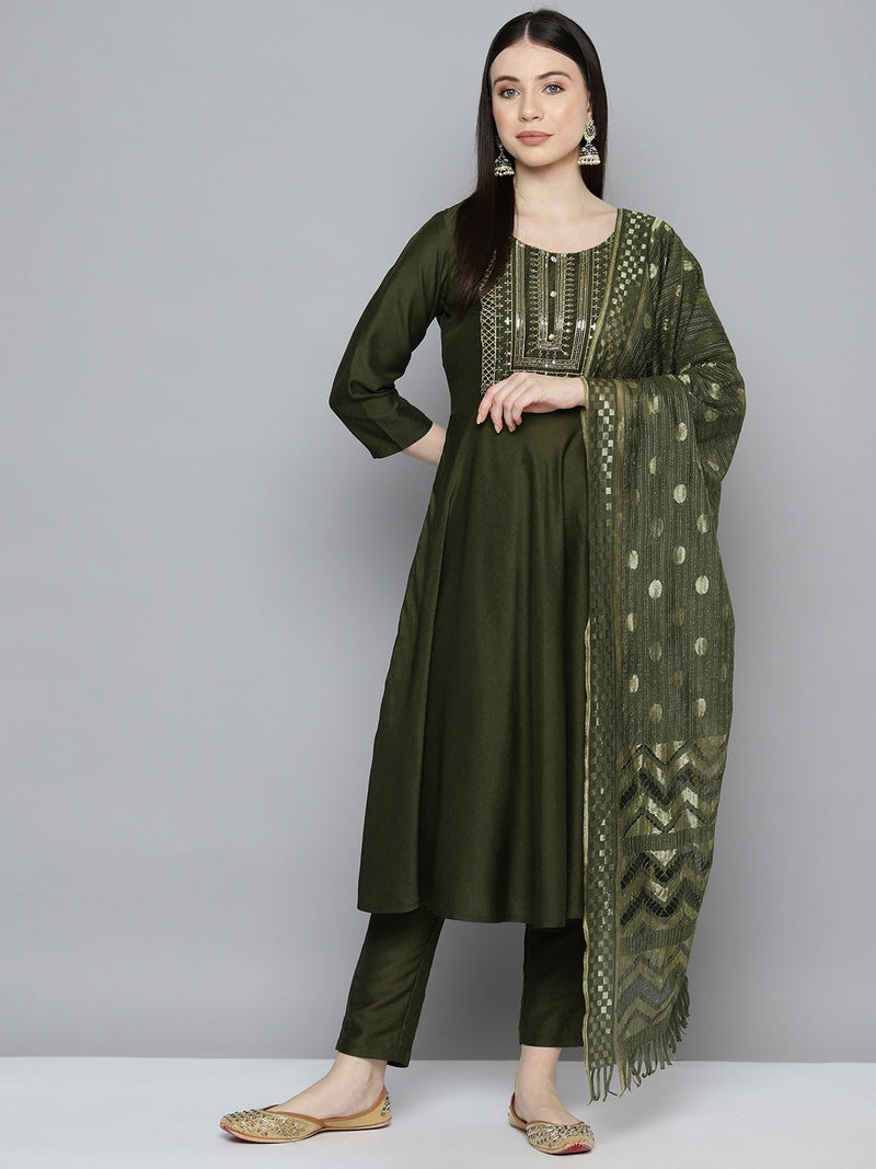 Sequin, zari embroidered flaired kurta with pants and dupatta ( JOKS D50G 1537 Green )