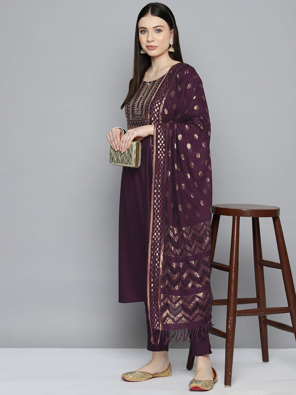 Sequin, zari embroidered flaired kurta with pants and dupatta ( JOKS D50P 1537 Purple )