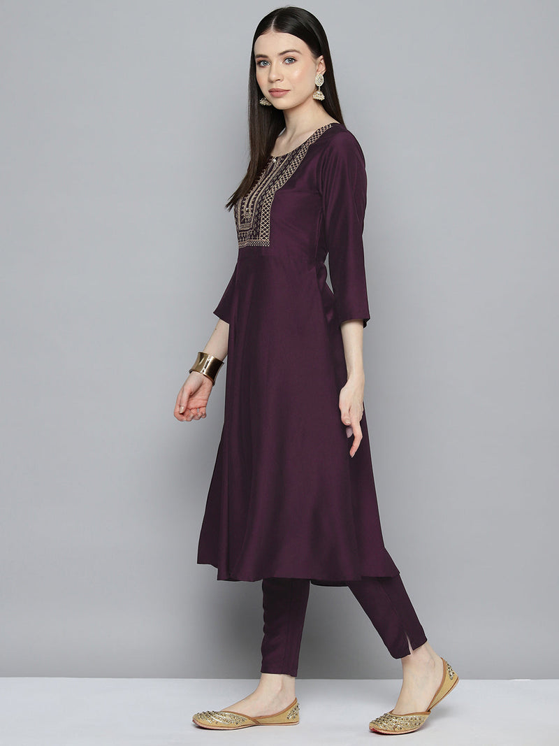 Sequin, zari embroidered flaired kurta with pants and dupatta ( JOKS D50P 1537 Purple )