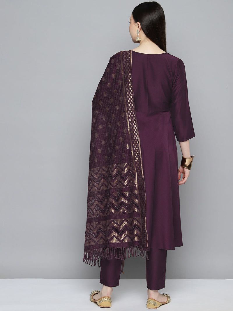 Sequin, zari embroidered flaired kurta with pants and dupatta ( JOKS D50P 1537 Purple )