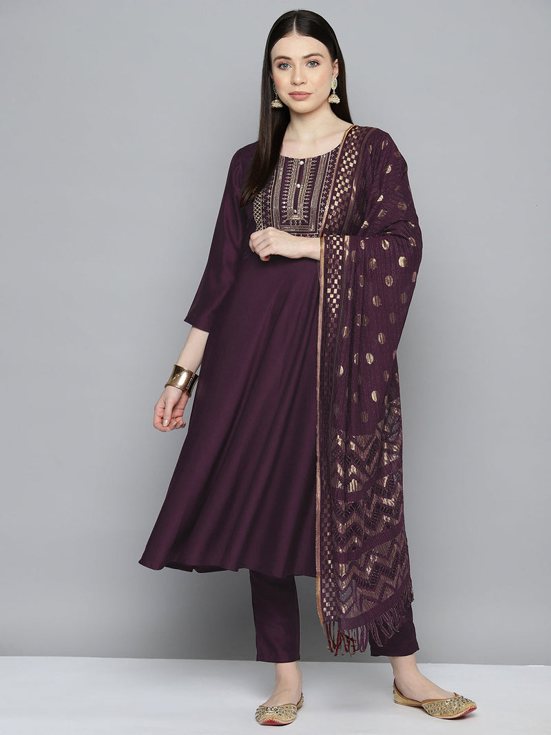 Sequin, zari embroidered flaired kurta with pants and dupatta ( JOKS D50P 1537 Purple )