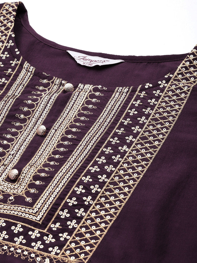 Sequin, zari embroidered flaired kurta with pants and dupatta ( JOKS D50P 1537 Purple )